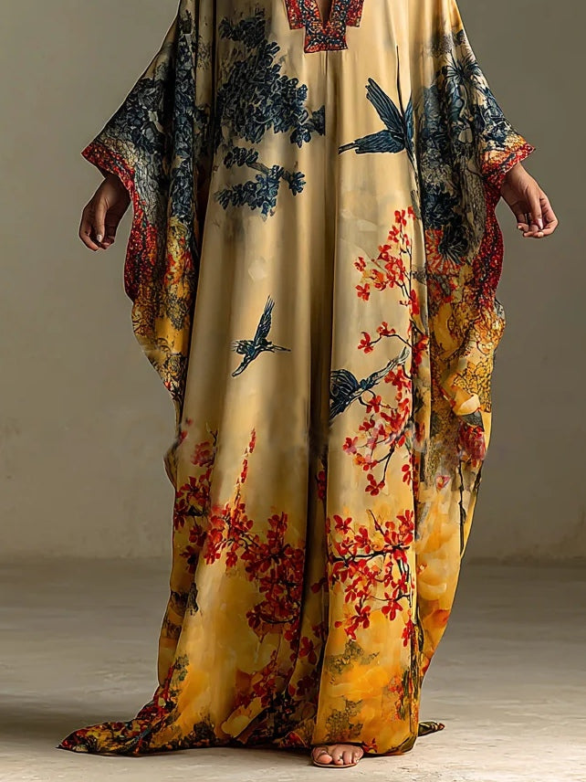Red Maple Blossom And Bird Art Print Batwing Sleeve Long Robe Dress