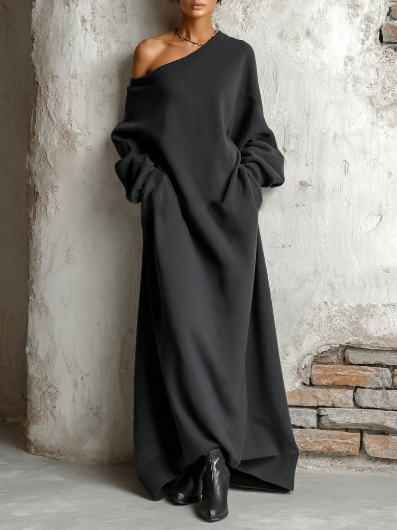 Black Off-shoulder Cotton Sweatshirt Maxi Dress