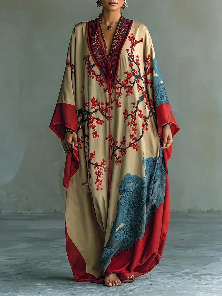 Japanese Red Plum Blossom Print Batwing Sleeve Maxi Dress