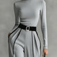 White Trim High-neck Long-sleeved Top With Wide-leg Pants and Belt Set