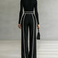 White Trim High-neck Long-sleeved Top With Wide-leg Pants and Belt Set
