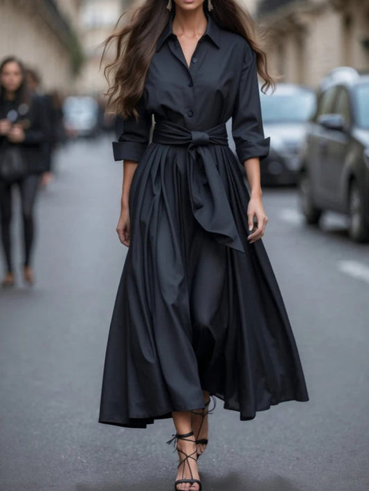 Elegant Long-sleeved Shirt-style Tie Maxi Dress