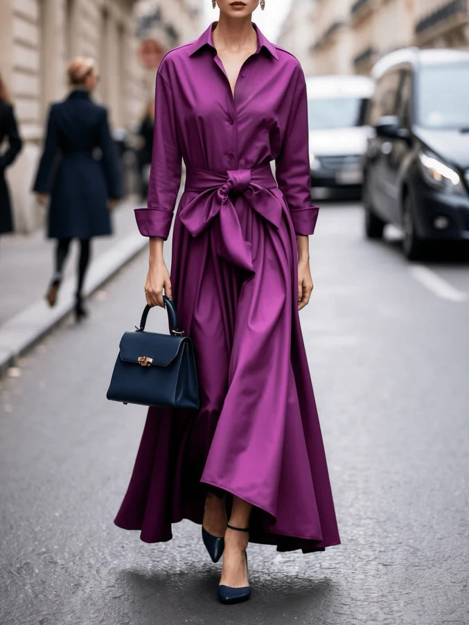 Elegant Long-sleeved Shirt-style Tie Maxi Dress