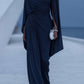 Dark Blue Pleated Cape Draped Maxi Dress