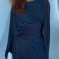 Dark Blue Pleated Cape Draped Maxi Dress