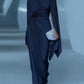 Dark Blue Pleated Cape Draped Maxi Dress