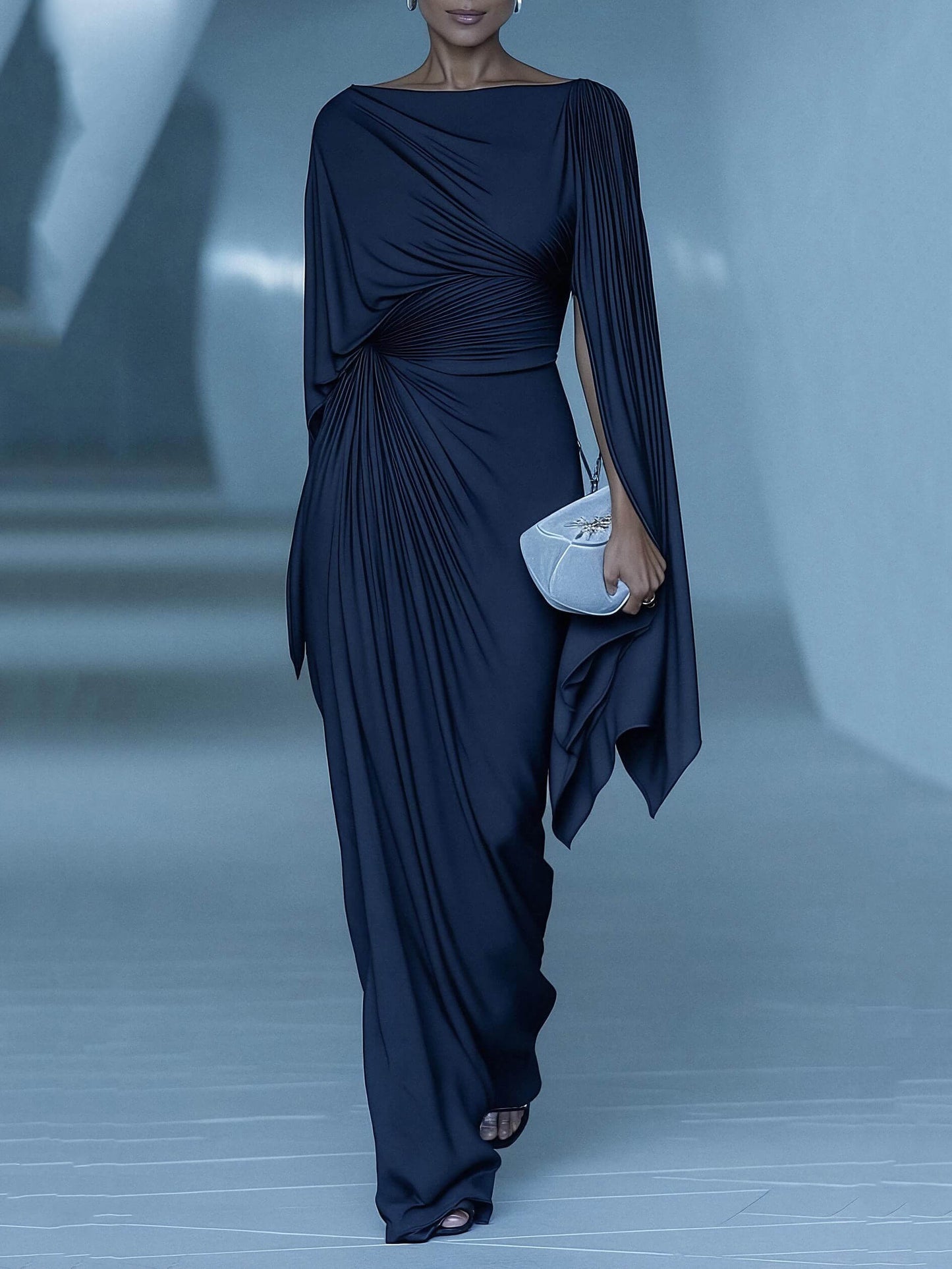 Dark Blue Pleated Cape Draped Maxi Dress