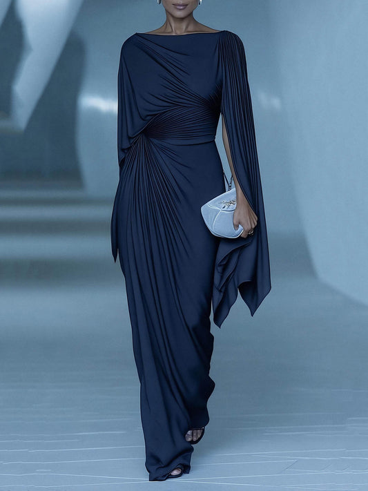 Dark Blue Pleated Cape Draped Maxi Dress