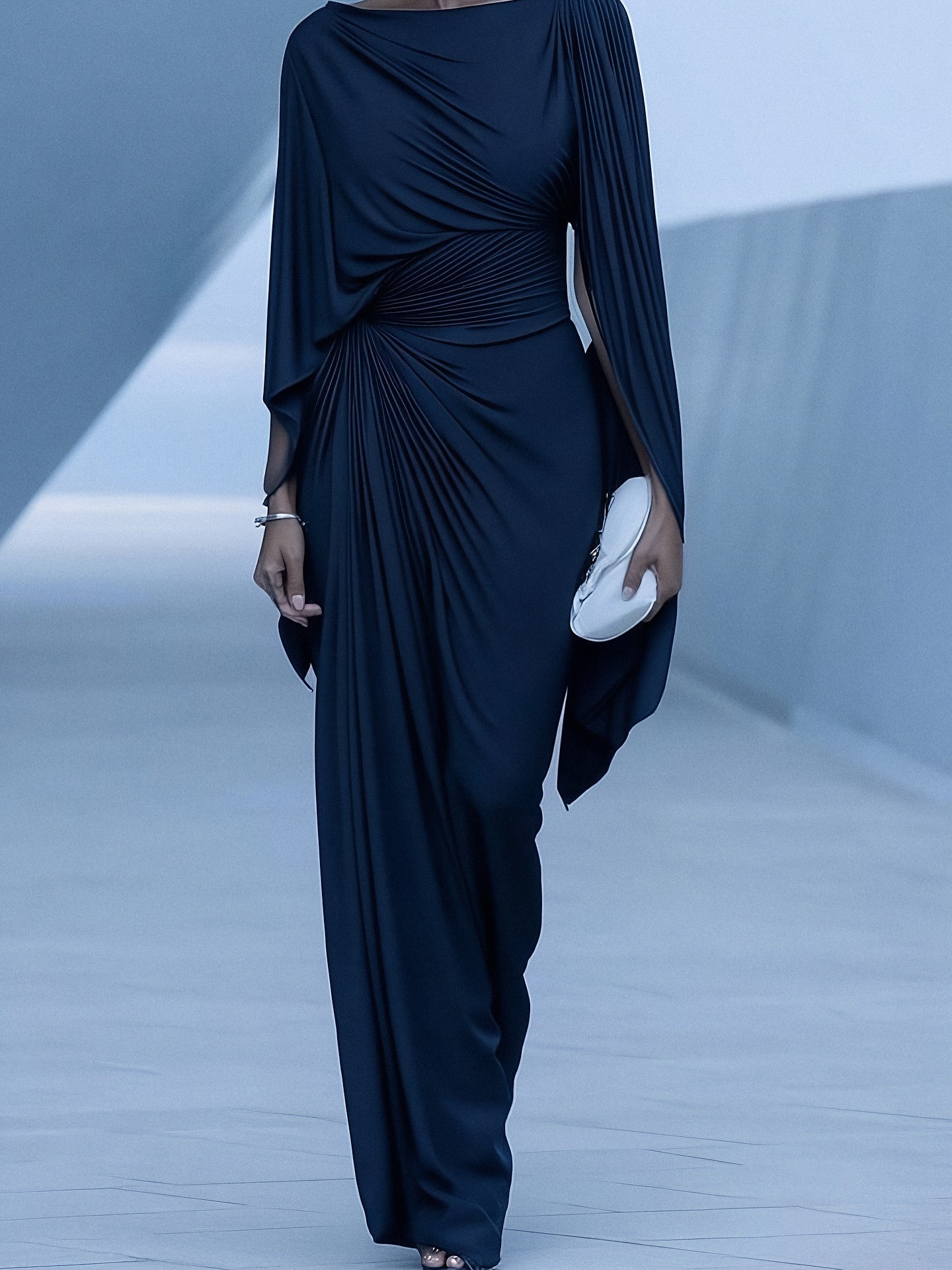 Dark Blue Pleated Cape Draped Maxi Dress