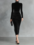 Black Velvet Elegant High-Neck Bodycon Dress