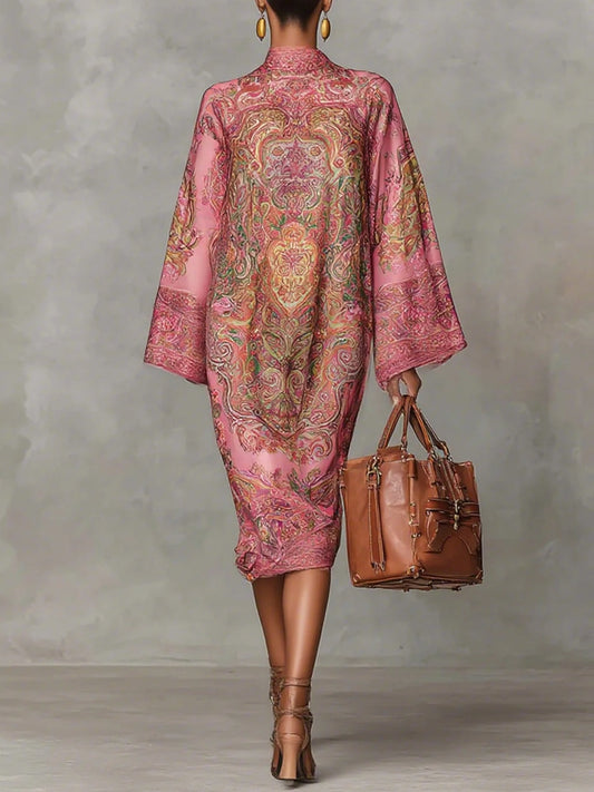 Pink Paisley Print Flared Long Sleeve Loose Midi Dress