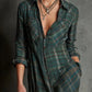 Green Plaid Lapel Single-Breasted Shirt Long Dress