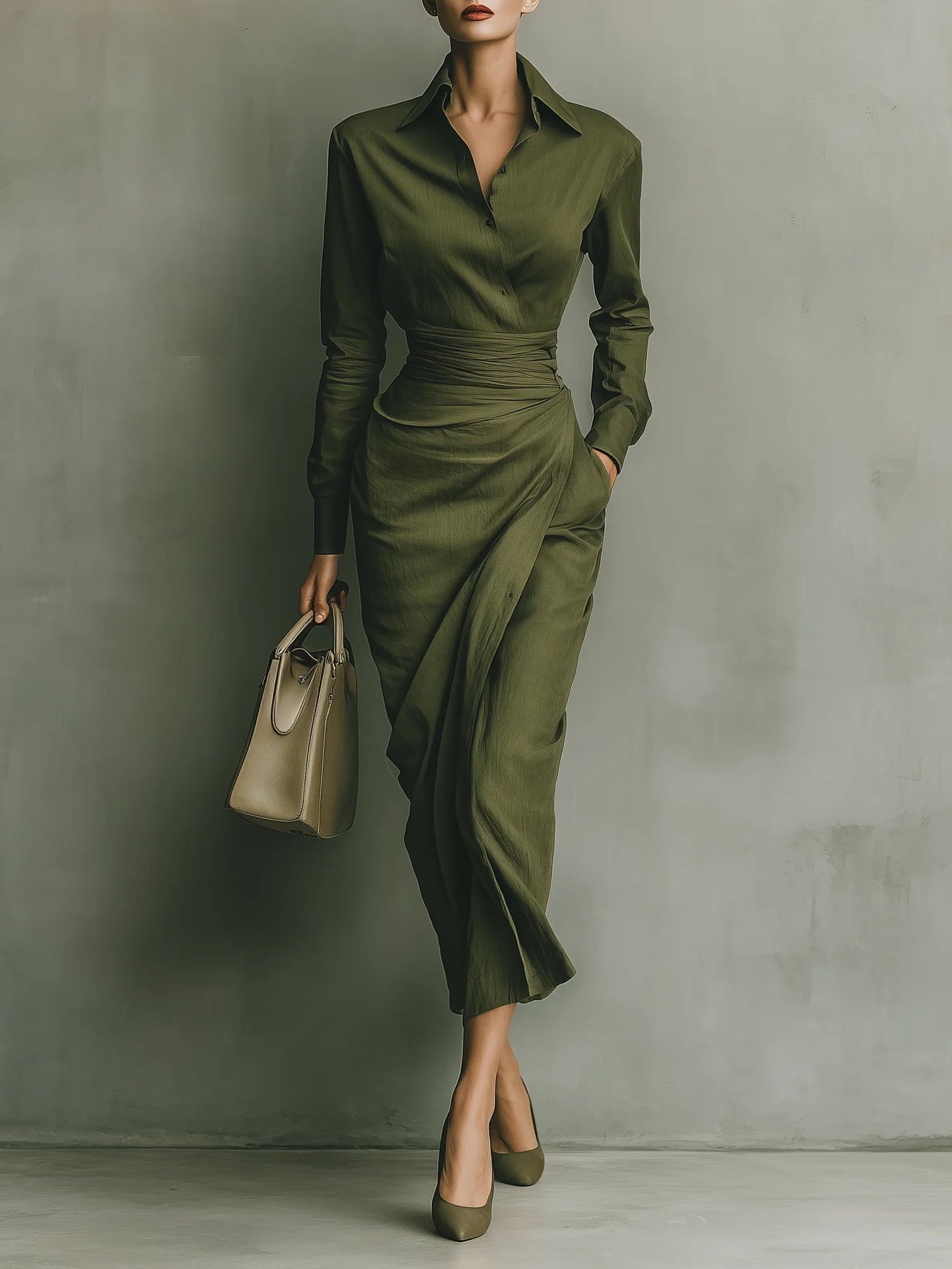 Army Green Cotton Blended Maxi Dress