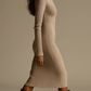 Beige Ribbed Knit Lapel Midi Dress