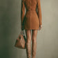 Brown Faux Suede Stand Collar Zipper Mini Dress