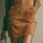 Brown Faux Suede Stand Collar Zipper Mini Dress