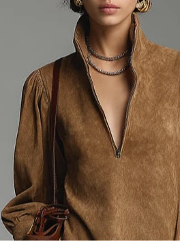 Brown Loose Suede Zipper Turtleneck Mini Dress