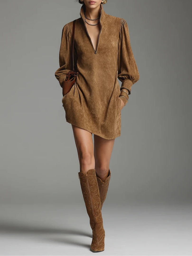 Brown Loose Suede Zipper Turtleneck Mini Dress