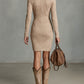 Beige Slim Suede Neck Floral Lapel Midi Dress