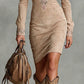 Beige Slim Suede Neck Floral Lapel Midi Dress