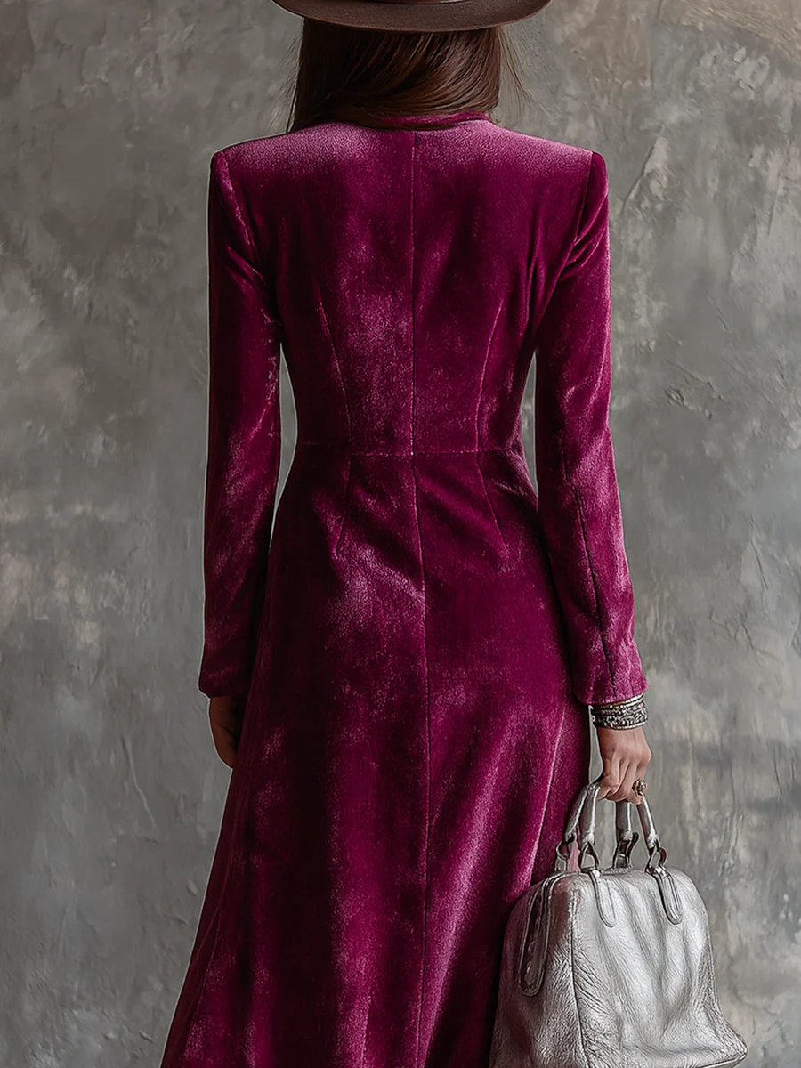 Purple Button-Down Velvet Long Blazer Maxi Dress