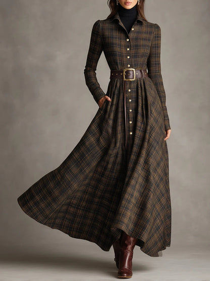Brown and Black Plaid Lapel Single-Breasted Shirt Long Dress