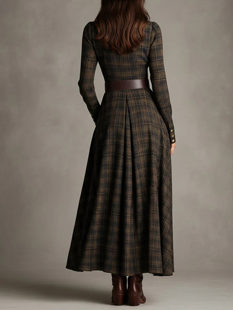Brown and Black Plaid Lapel Single-Breasted Shirt Long Dress
