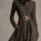 Brown and Black Plaid Lapel Single-Breasted Shirt Long Dress