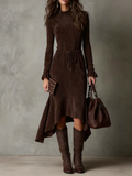 Elegant Dark Brown Suede Drawstring Irregular Midi Dress