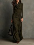 Olive Green Turtleneck Pleated Maxi Dress