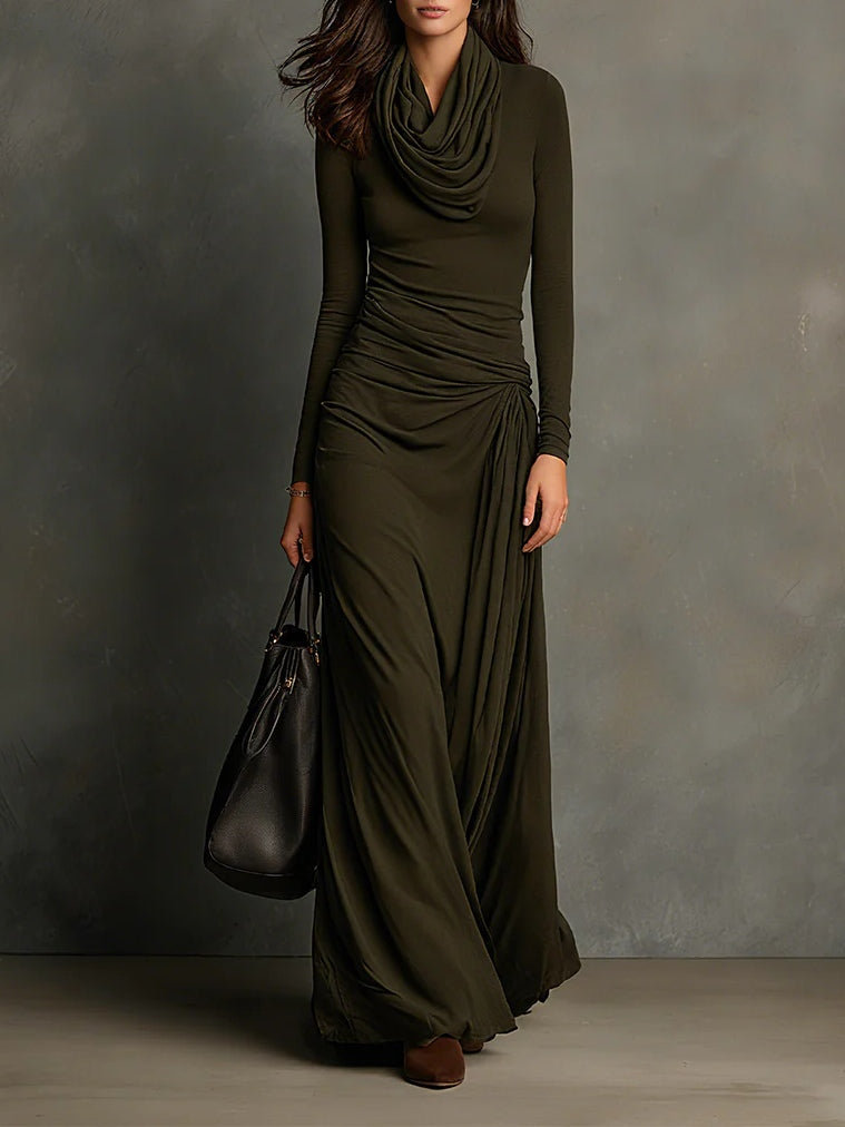 Olive Green Turtleneck Pleated Maxi Dress