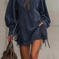 Indigo Faux Suede Embroidered Tassel Mini Dress