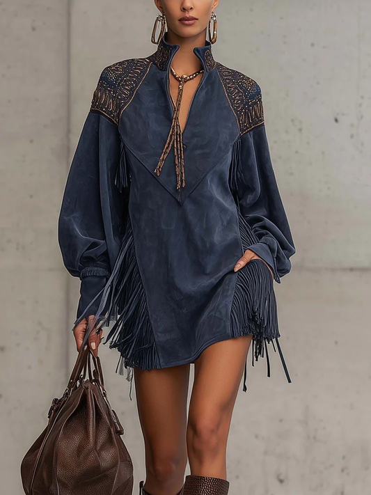 Indigo Faux Suede Embroidered Tassel Mini Dress
