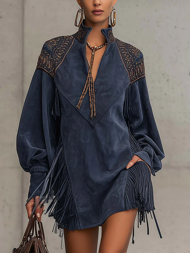 Indigo Faux Suede Embroidered Tassel Mini Dress