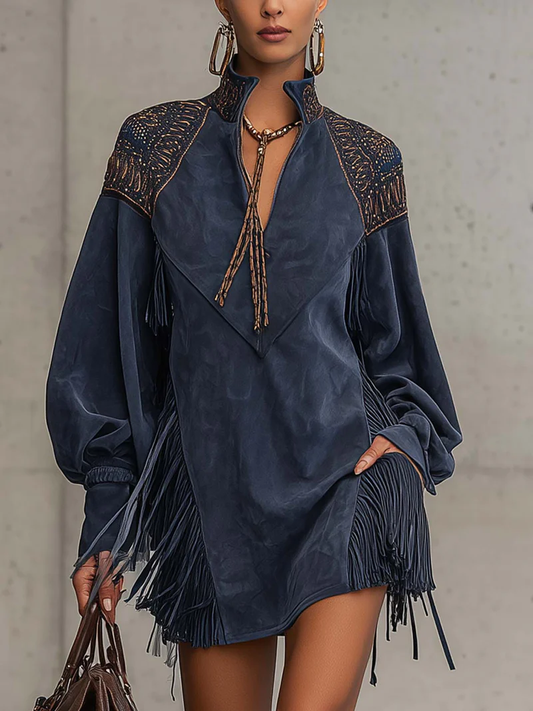 Indigo Faux Suede Embroidered Tassel Mini Dress