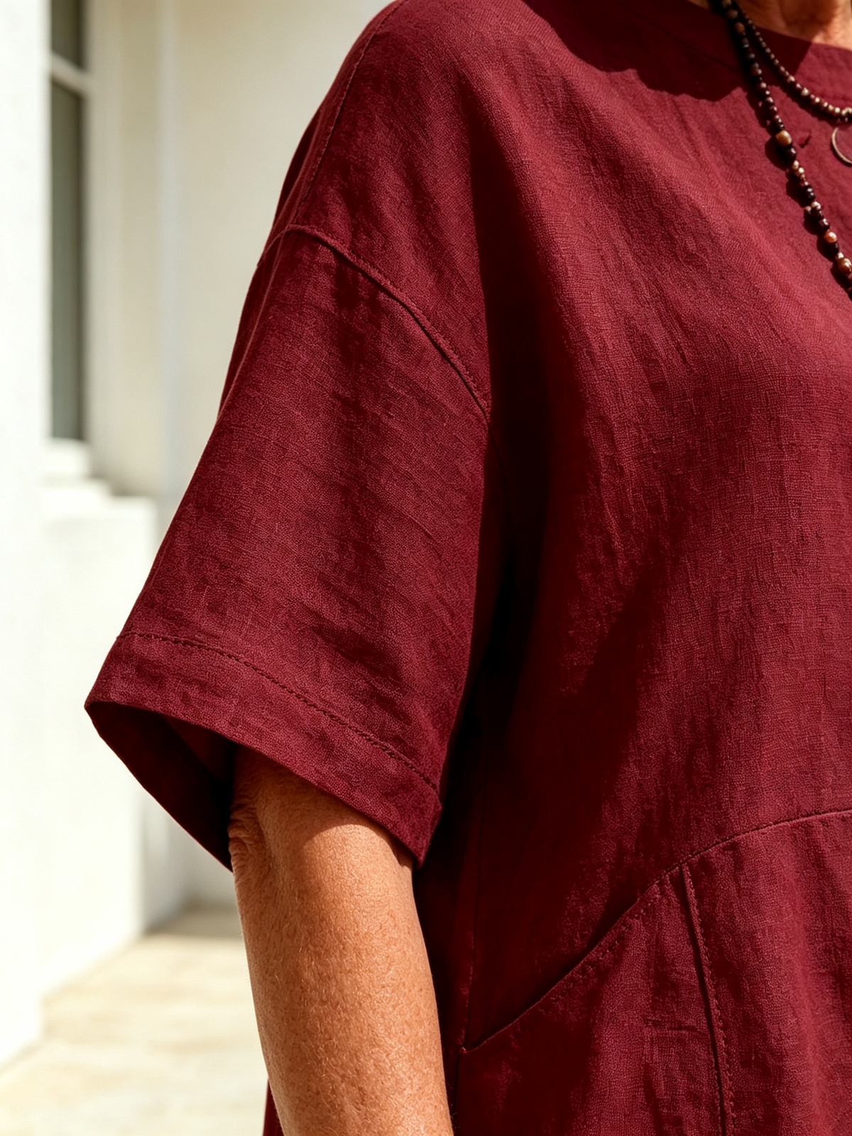 2Pcs Solid Color Cotton Linen Two-piece Outfit, Round Neck Short Sleeve Irregular Hem Tunic Top, Wide Leg Long Pants, Loose Relaxed Fit, Lightweight Breathable Fabric, Flowy Casual Coordinate Set for Daily, Holiday and Outdoor Occasions