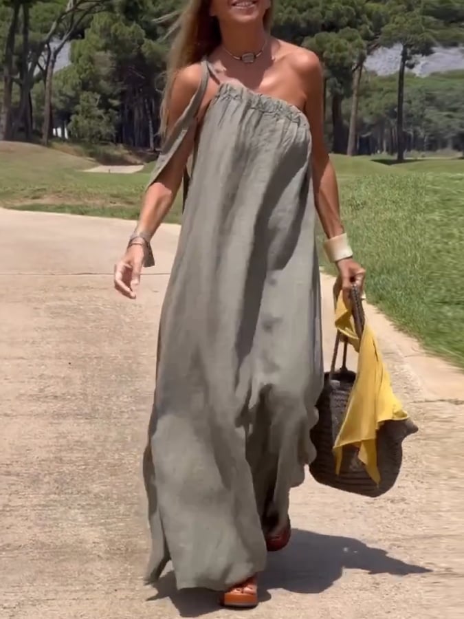 Women's Casual Off-Shoulder Cotton and Linen Maxi Dress