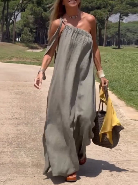 Women's Casual Off-Shoulder Cotton and Linen Maxi Dress