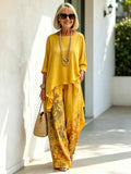 2‐Piece Outfit Set, Solid Color Asymmetrical Draped 3/4 Sleeve Boat Neck Top, Floral Printed High‐Waist Wide‐Leg Pants With Side Pockets, Loose Flow‐y Linen‐blend Fabric, Relaxed Silhouette For Daily Wear, Vacation And Casual Occasions