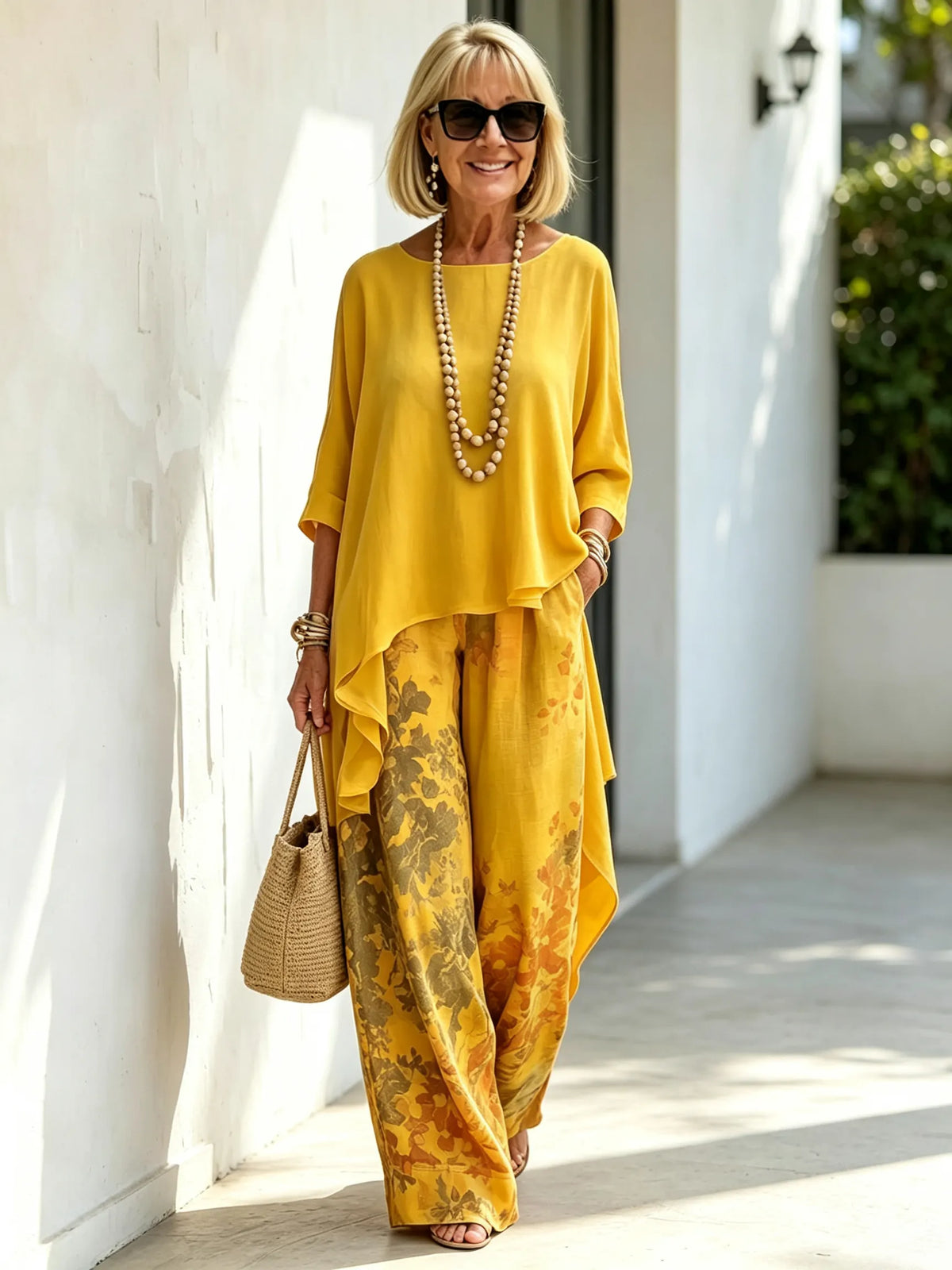 2‐Piece Outfit Set, Solid Color Asymmetrical Draped 3/4 Sleeve Boat Neck Top, Floral Printed High‐Waist Wide‐Leg Pants With Side Pockets, Loose Flow‐y Linen‐blend Fabric, Relaxed Silhouette For Daily Wear, Vacation And Casual Occasions
