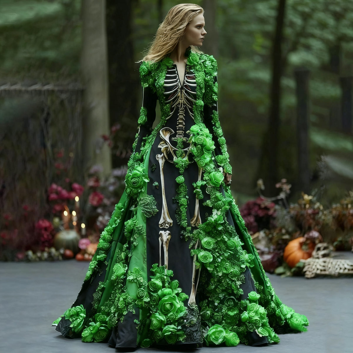 Women's Elegant Retro Skull Flower Pattern V-neck Long Sleeve Maxi Dress