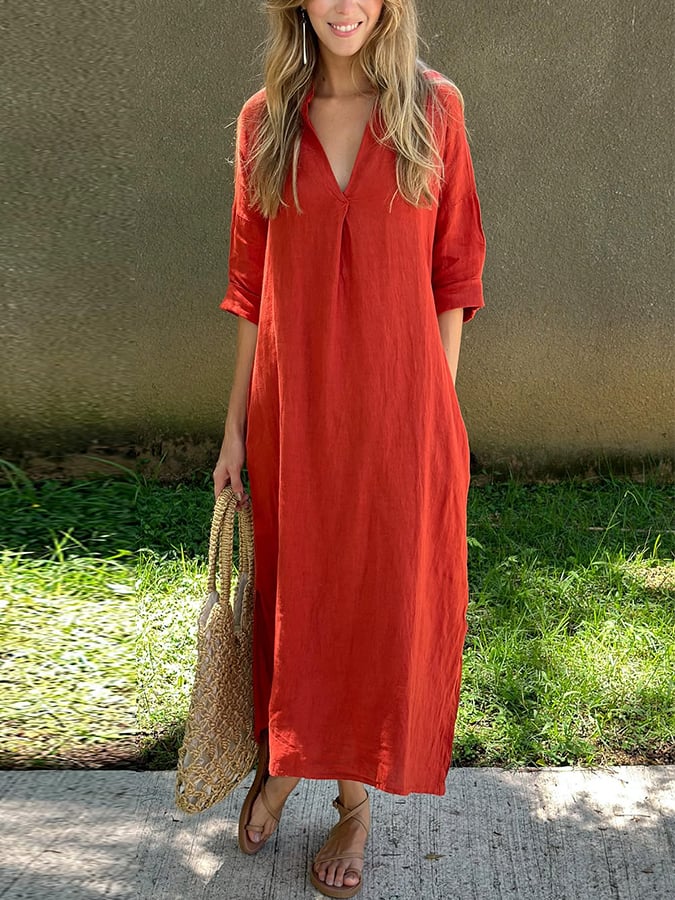 Women'S Casual Solid Color V-Neck Cotton And Linen Dress