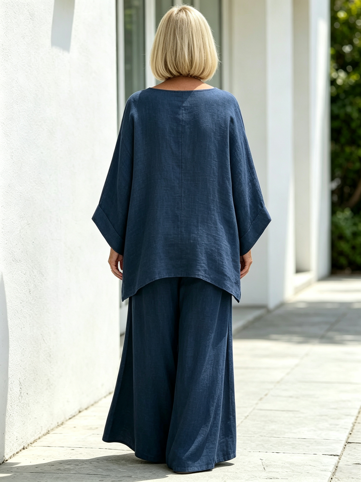 2Pcs Elegant Women Solid Linen‐Blend Two‐Piece Set, Oversized Batwing Sleeve Uneven Hem Tunic Blouse, Breathable Flowy Wide Leg Floor‐Length Pants, Loose Comfortable Casual Co‐ord Suit for Beach Holiday Daily Street Wear