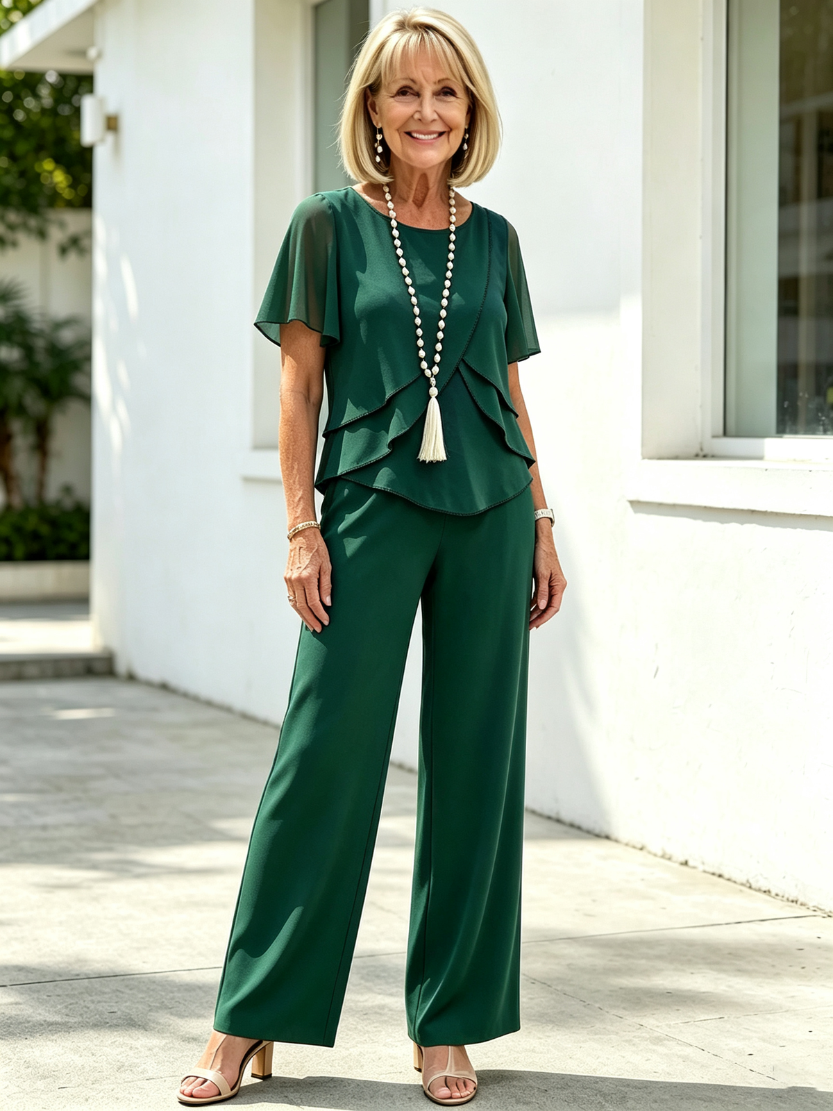 2 Piece Outfit Set, Round Neck Chiffon Flutter Short Sleeve Top, Multi-layer Ruffled Irregular Hem, High Waist Straight Wide Leg Long Trousers, Lightweight Sheer Fabric, Elegant Flowy Pant Suit for Wedding Guest and Formal Occasions
