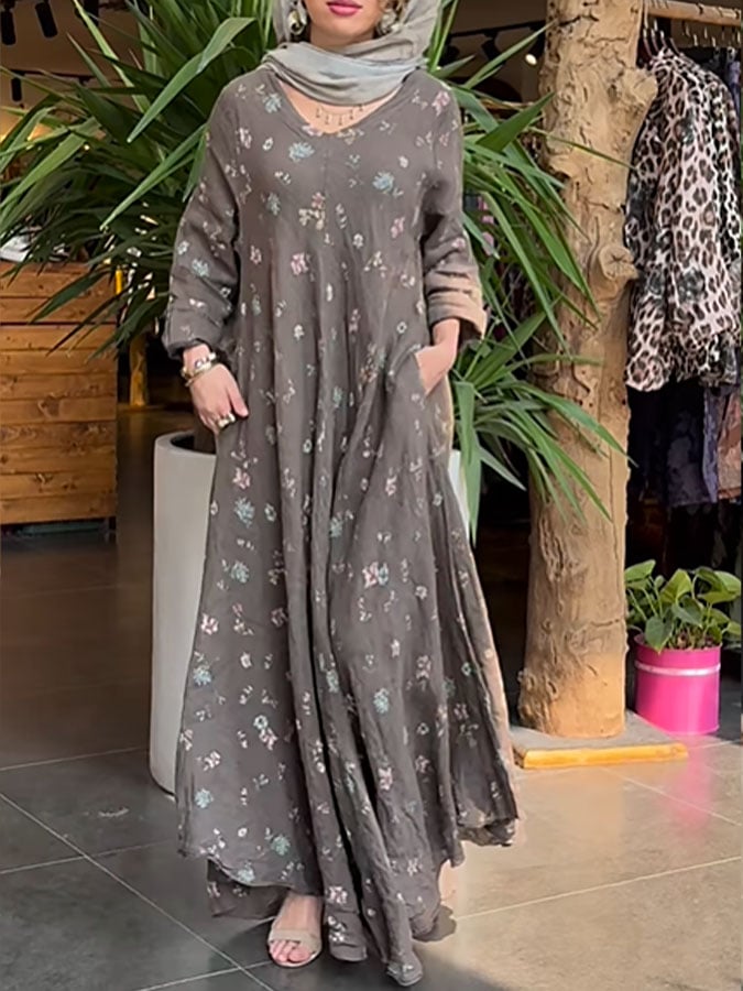 Women's Casual V-Neck Long Sleeve Floral Print Dress