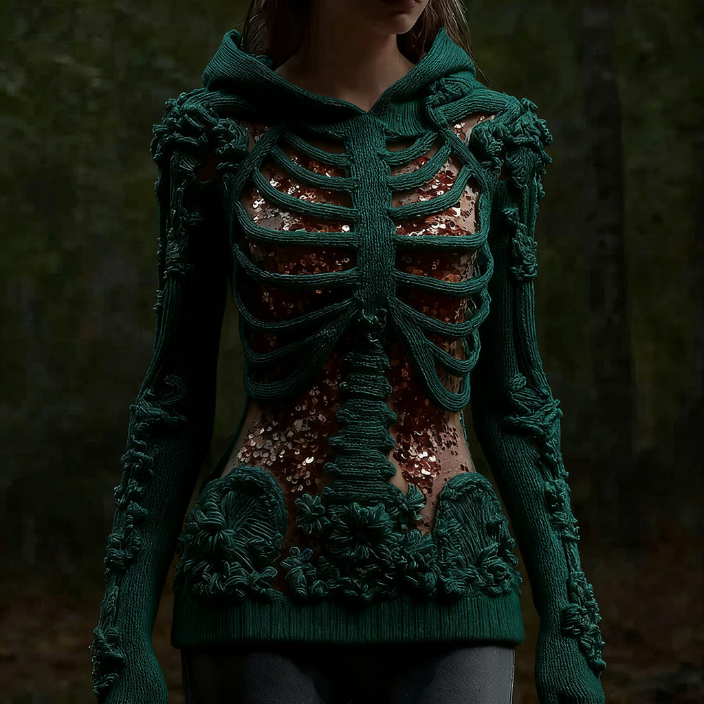 Halloween Skull Floral Knitted Warm Hooded Sweater
