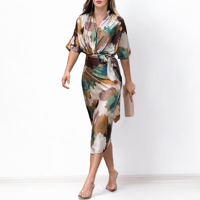 Women's Elegant Printed V-Neck Lace-Up Waist Slim Dress