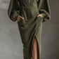 Soft Polar Fleece Lantern Sleeves Front Zipper Side Slit Midi Dress