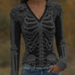 Women's Halloween Skeleton Bones With Roses Art Casual Long Sleeve V Neck T-shirt