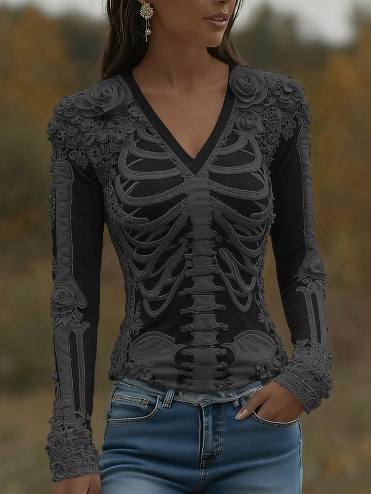 Women's Halloween Skeleton Bones With Roses Art Casual Long Sleeve V Neck T-shirt
